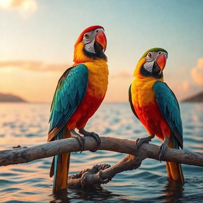 The primary subject of the image is a pair of colorful birds, likely parrots, perched on a wooden branch. The birds are positioned close to each other, creating a sense of companionship. The setting is a body of water, which adds to the serene and natural atmosphere of the scene. The visual style of the image is a close-up of the birds, emphasizing their vibrant colors and intricate feather patterns. The overall mood of the image is one of tranquility and harmony, as the birds seem to be enjoying their time together in the peaceful environment.